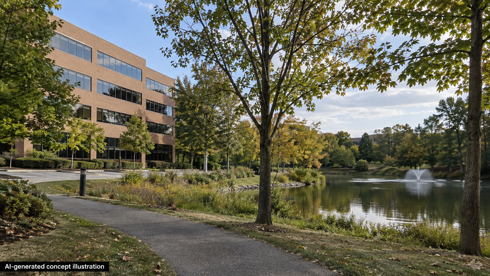 AI-generated concept illustration of a Northern Virginia office park; not the actual Trinity Centre site or a project rendering
