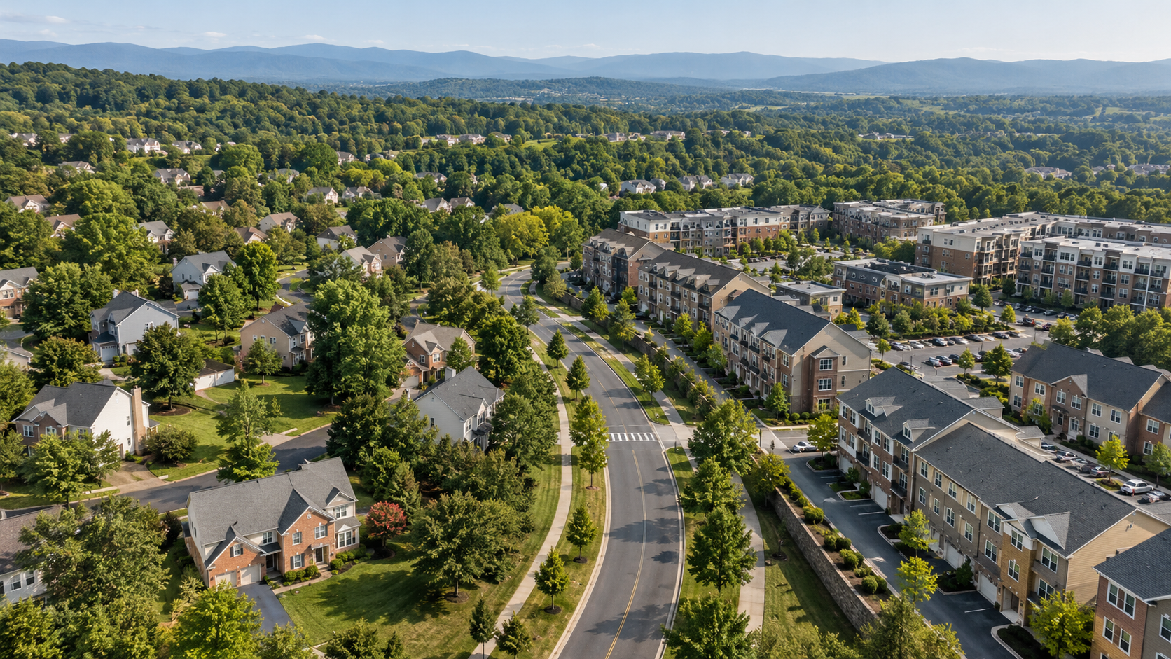 AI-generated aerial illustration comparing detached homes with townhomes and condominiums in Northern Virginia