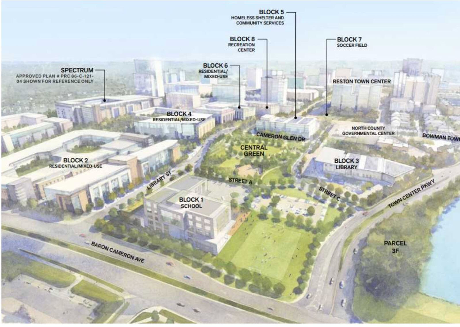Concept plan for Reston Town Center North showing the central green and future civic and mixed-use blocks