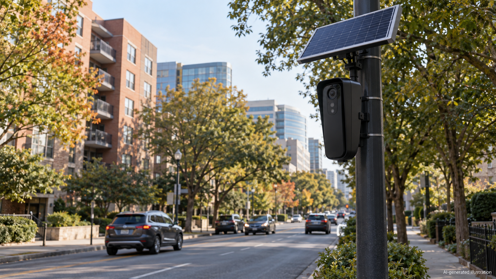 AI-generated illustration of a Flock-style roadside camera in an Arlington-inspired streetscape