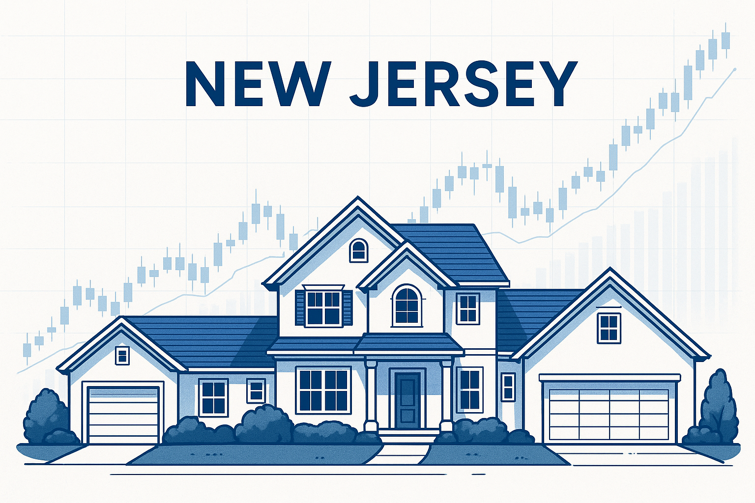 infographic-style image showing New Jersey suburban homes, subtle stock-market chart overlays in the background