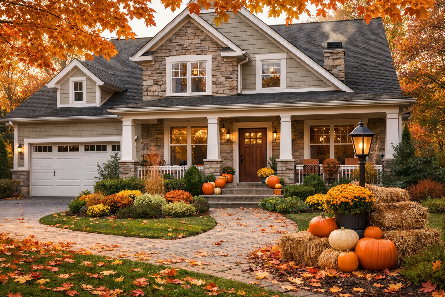 Autumn exterior of a well-maintained home with colorful leaves and seasonal curb appeal