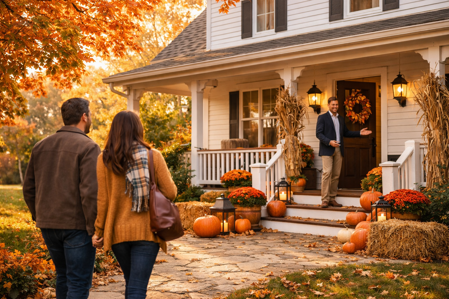 Autumn home showing with buyers walking up to a welcoming house surrounded by colorful fall leaves