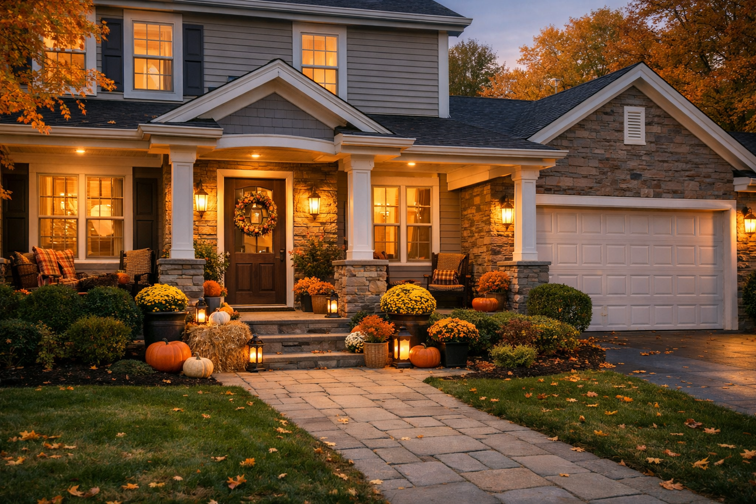 Beautiful home staged for fall with inviting front porch and seasonal curb appeal