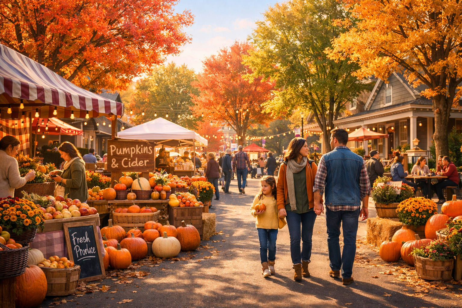 People enjoying a fall farmers market in a charming neighborhood with autumn colors