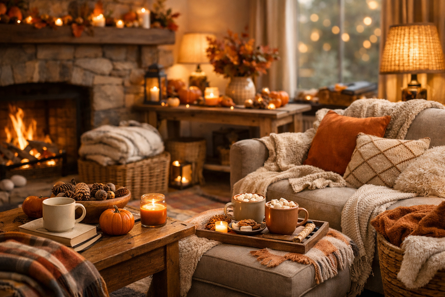 Cozy fall living room with warm blankets, candles, and seasonal decor