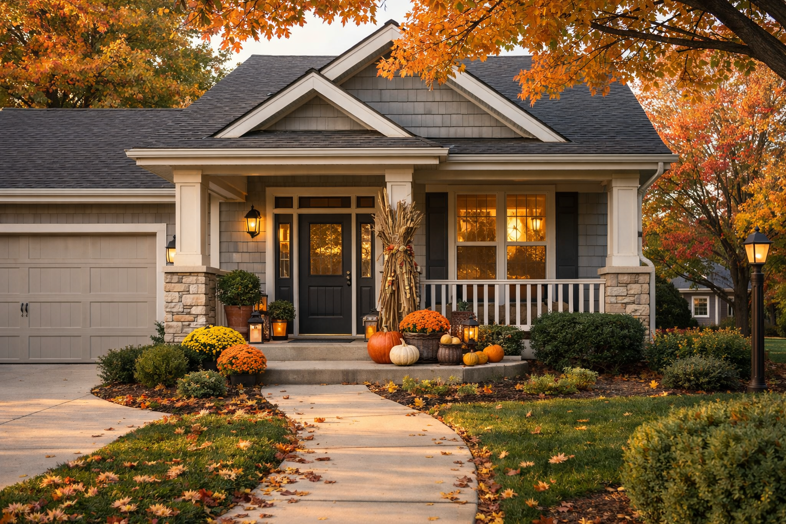Front exterior of a well-maintained Kansas City home in fall with tidy landscaping and seasonal curb appeal