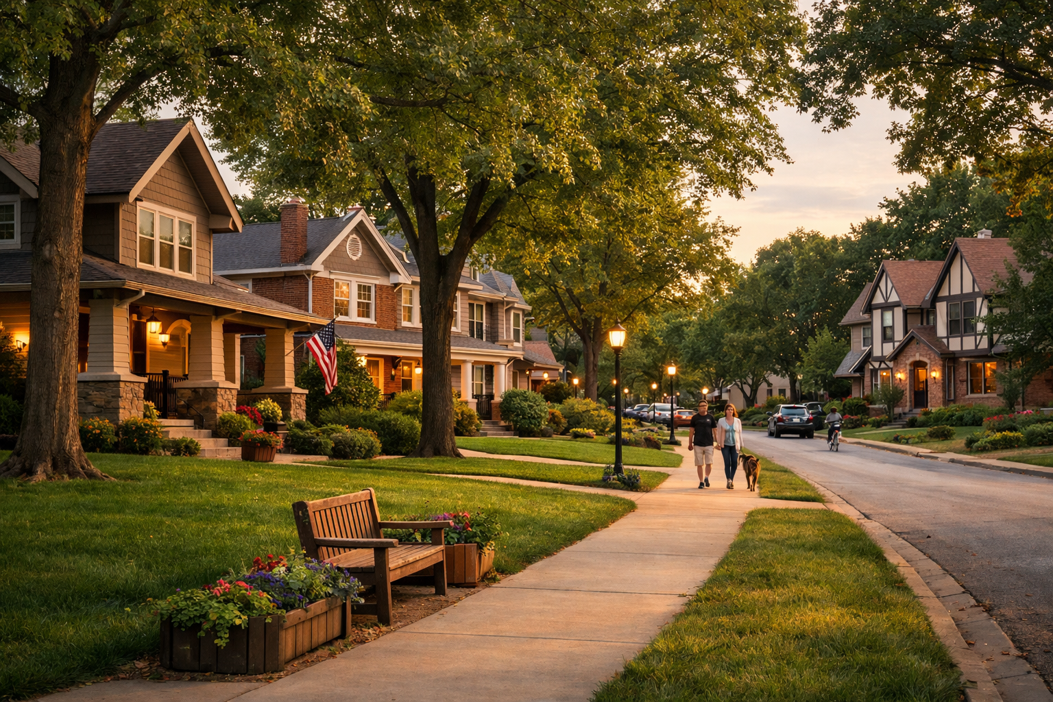 Kansas City neighborhood streetscape with homes, trees, and walkable local character