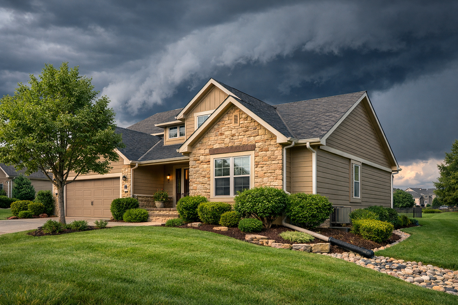 Storm-season-ready Kansas City home with maintained roof, gutters, drainage, and yard