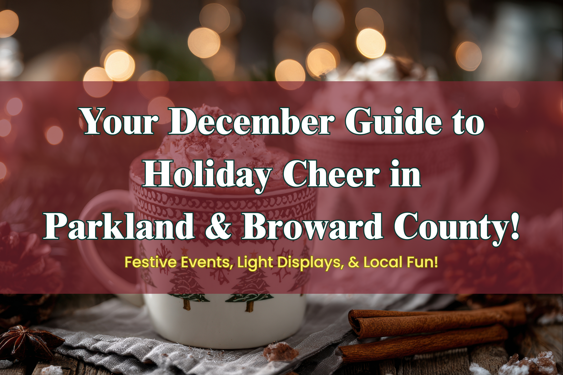 Image for a holiday guide, showing a close-up of hot chocolate with christmas lights at the background. The text overlay reads: 