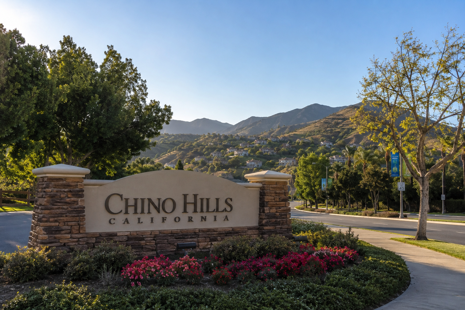 Scenic hillside neighborhood in Chino Hills, California, featuring beautiful homes, parks, mature trees, and rolling hills.