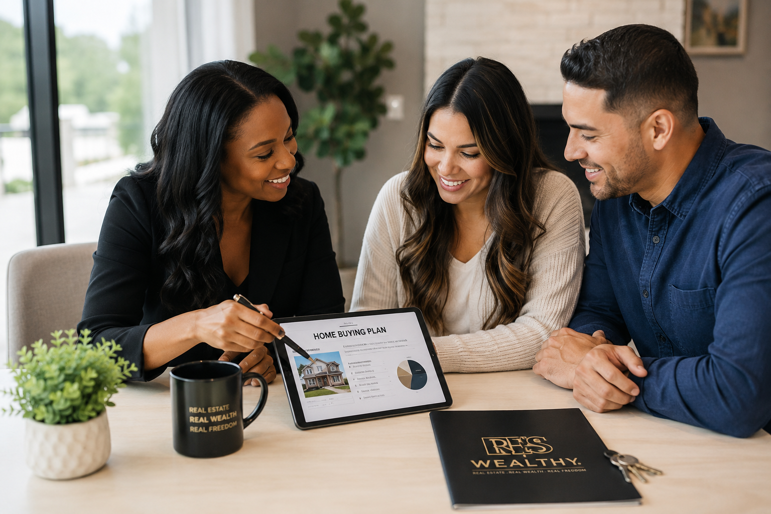 Real estate advisor meeting with a couple to discuss buying a home.