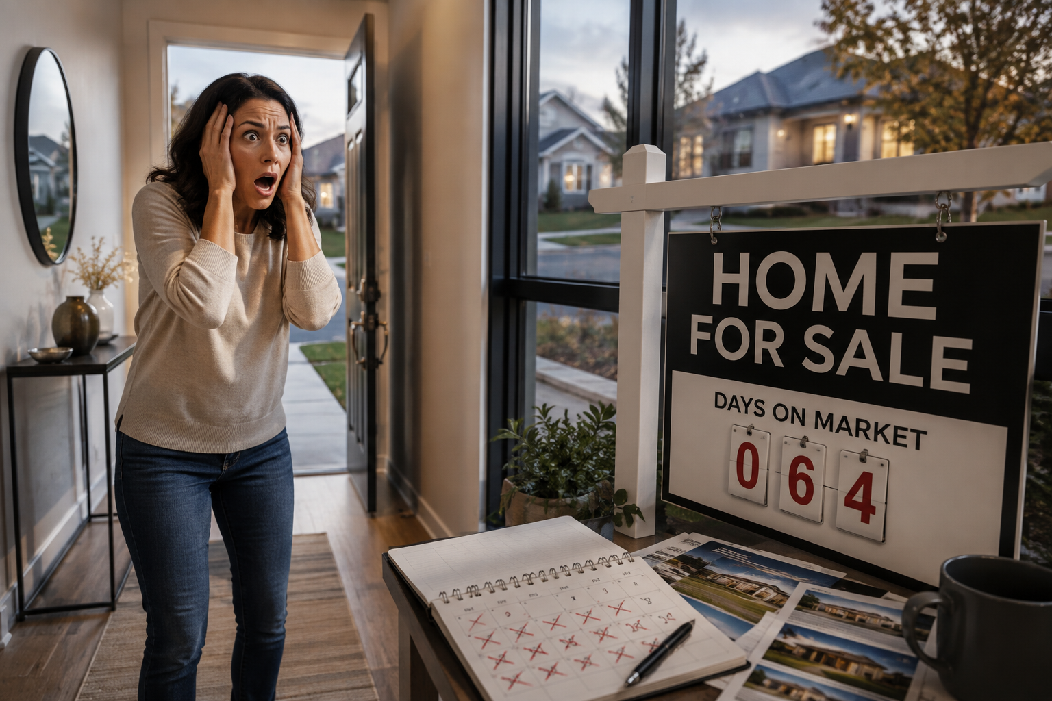 Shocked homeowner reacting to a home for sale that has been sitting on the market