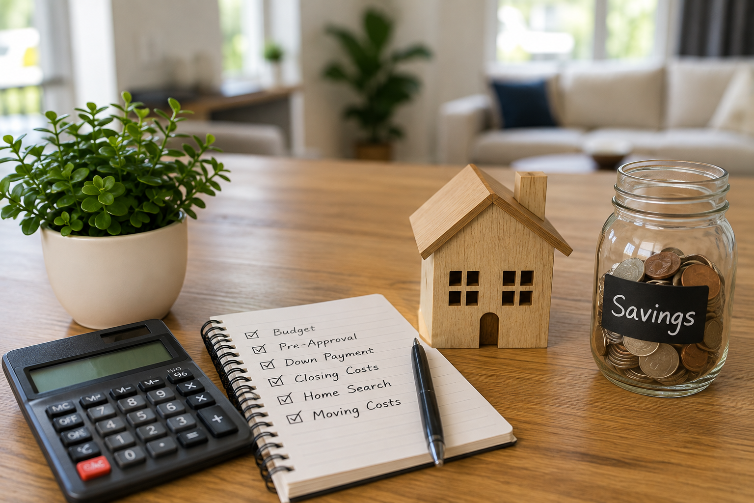 House model beside a savings jar, calculator and homebuying budget checklist