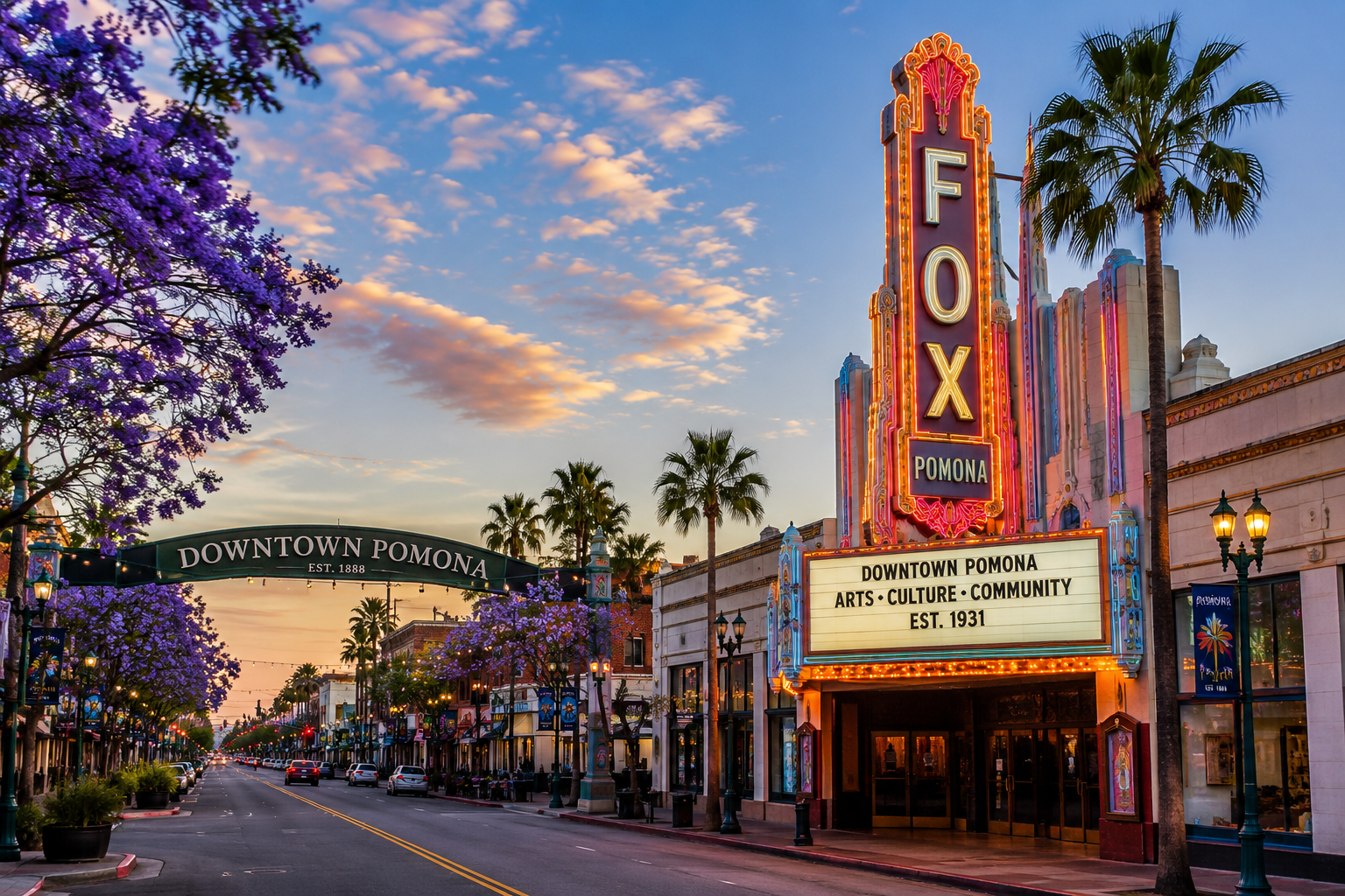 Historic Fox Theater in Downtown Pomona, California, with palm-lined streets, local storefronts, and the vibrant Arts Colony showcasing the city's culture, history, and revitalization