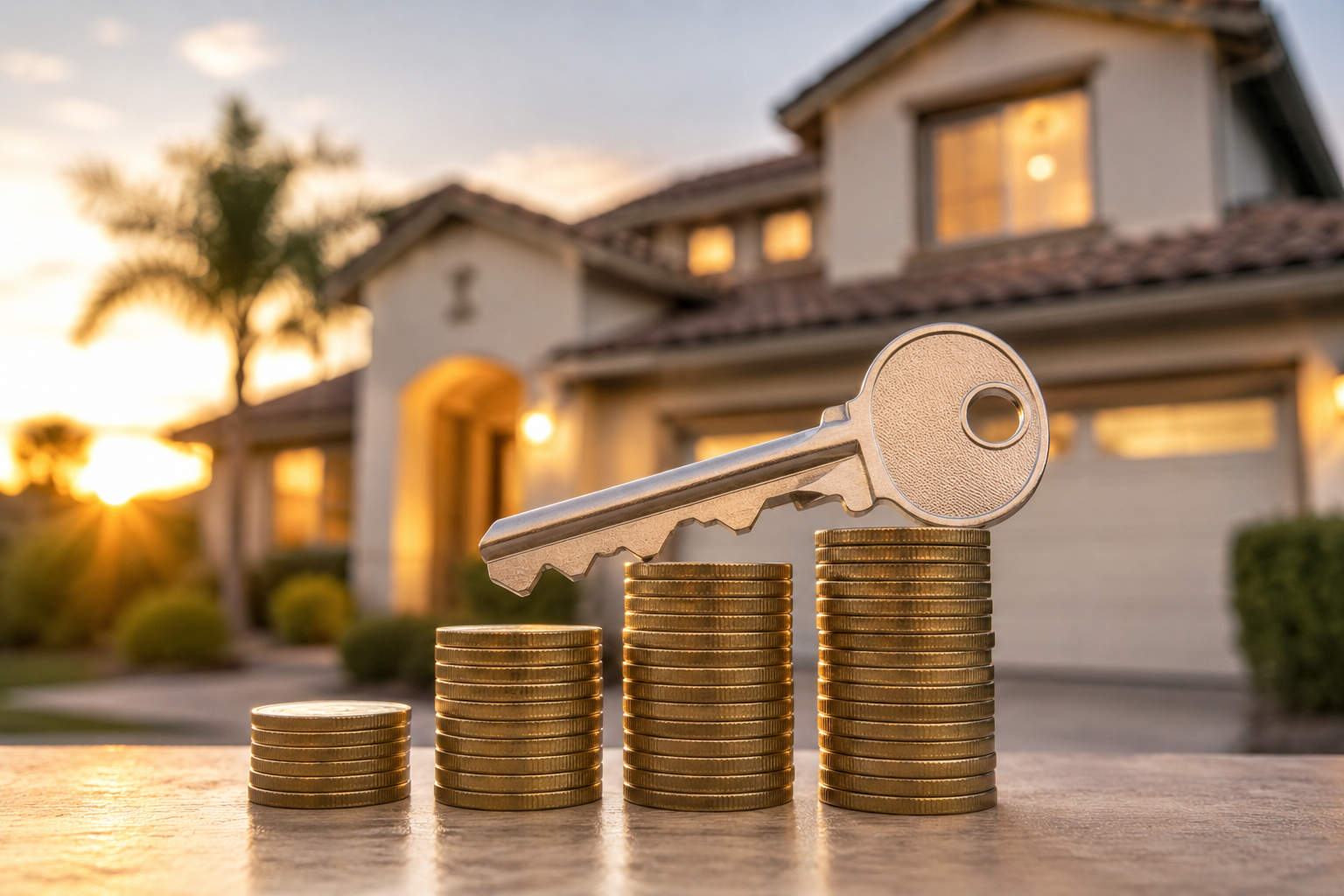 House key and stacked coins in front of a home representing down payment assistance.