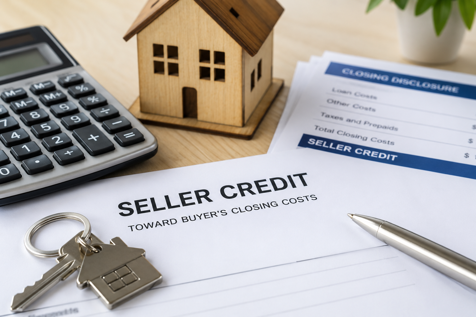 House keys beside closing documents and a calculator representing a negotiated seller credit