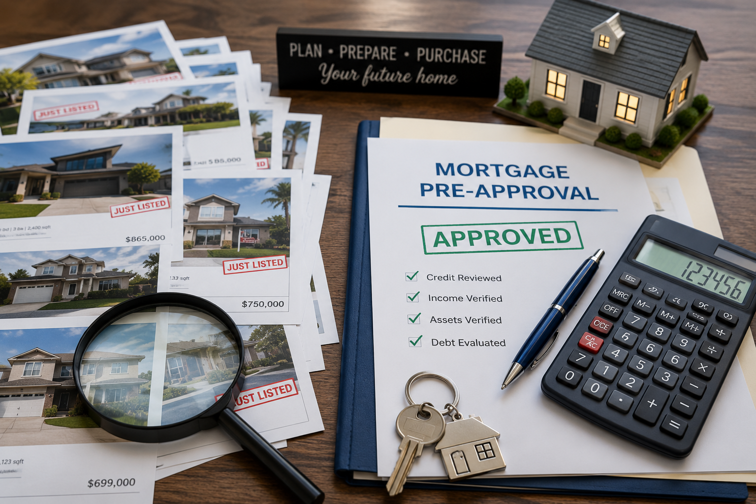Home listings, calculator, and house key representing mortgage pre-approval before house hunting