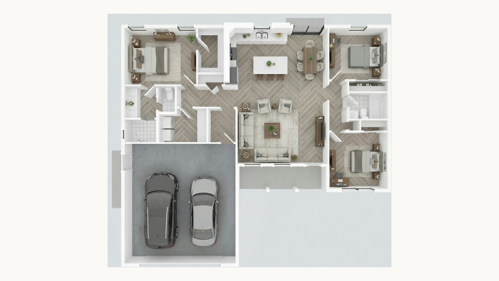 Top-down floor plan of a three-bedroom single-story home with an open living area and a two-car garage