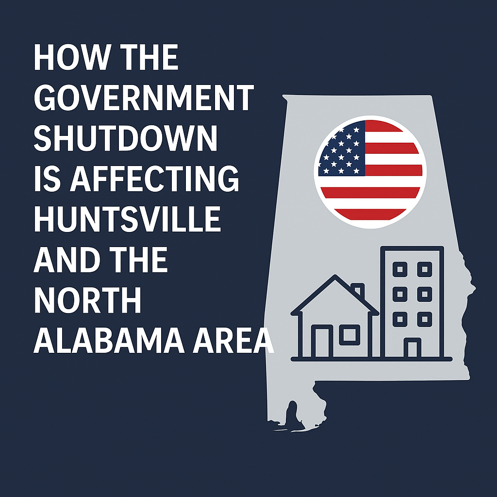 Graphic showing a map of Alabama with an American flag circle and home/building icons, illustrating how the government shutdown is affecting Huntsville and North Alabama.