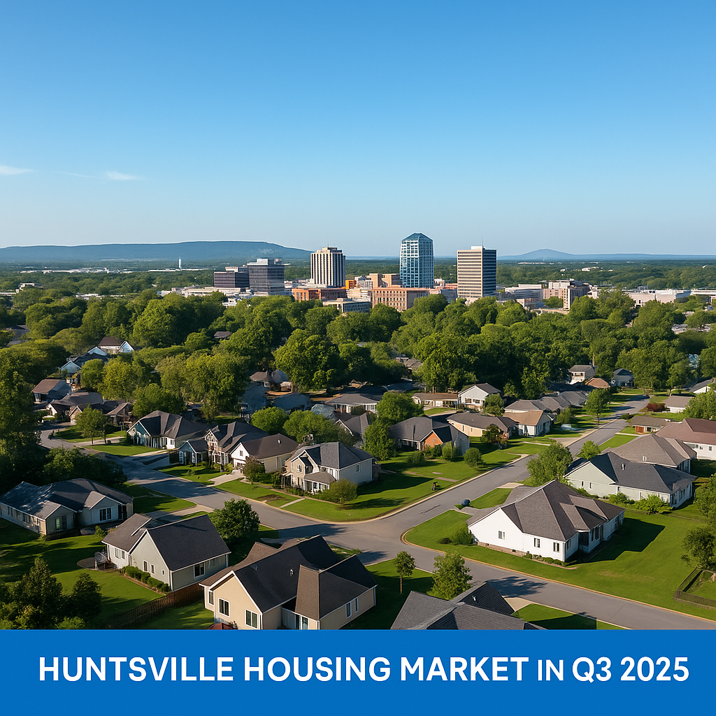 Aerial view of downtown Huntsville, Alabama, showing homes and skyline representing the city’s steady housing market in Q3 2025.