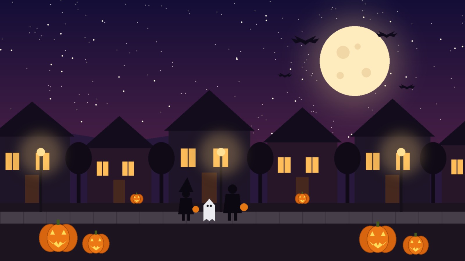Illustration of kids trick-or-treating on a lit neighborhood sidewalk with jack-o'-lanterns and a full moon for Halloween in Huntsville, AL