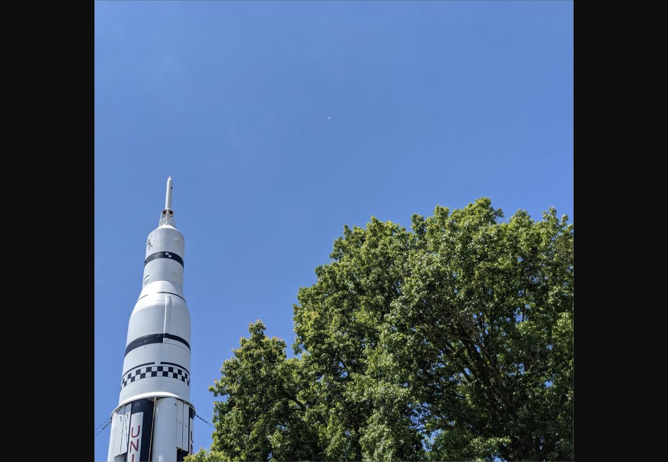 Saturn V rocket close-up, symbol of Huntsville, Alabama's space heritage