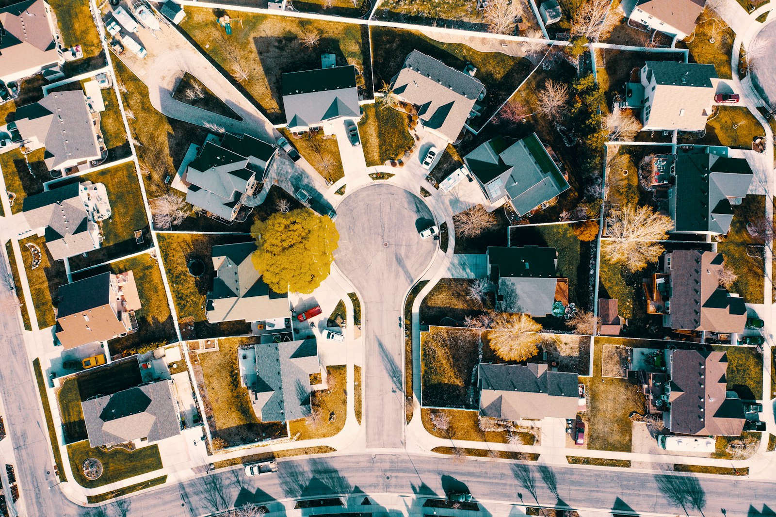 Aerial view of a suburban cul-de-sac neighborhood near Redstone Arsenal in Huntsville, Alabama