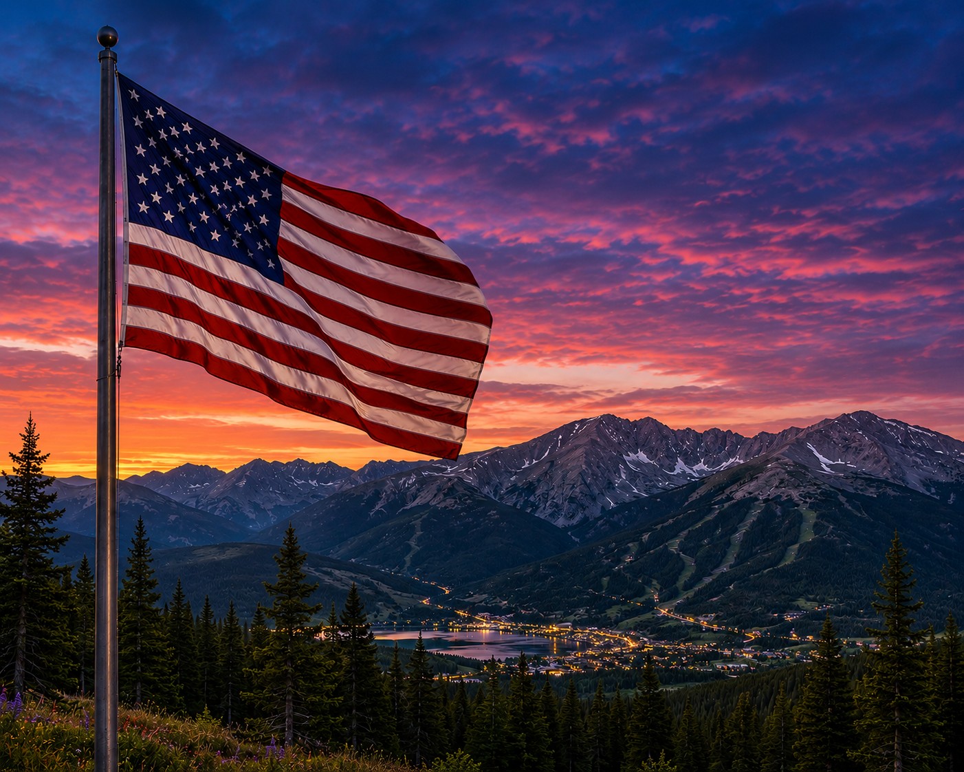 Flag at sunset in the mountains