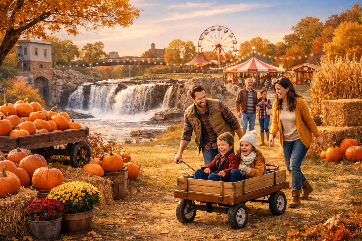 Family enjoying fall activities in and around Sioux Falls, including pumpkins, autumn leaves, and a weekend outing atmosphere