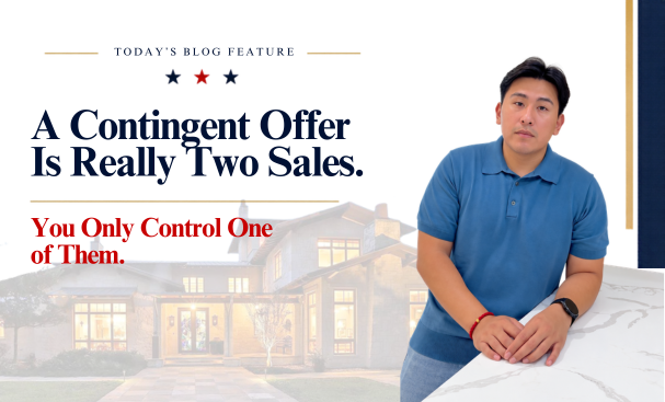 Two for-sale signs on separate lawns, one in focus and one in the distance, representing an offer that depends on the buyer selling another home first.