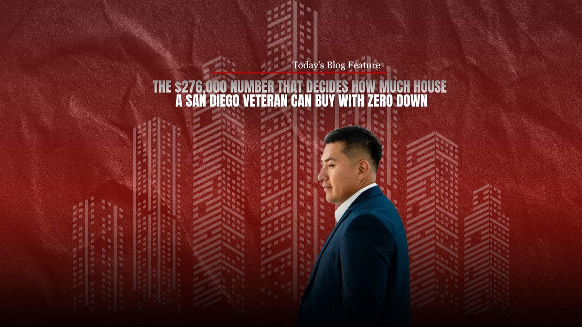 A Certificate of Eligibility–style document with a calculator and a pen on a wood desk, illustrating the entitlement math used to calculate VA loan zero-down buying power for military buyers in San Diego County.