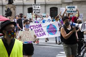 Demonstrators in Philadelphia march from City Hall to the Municipal Court to protest against evictions in September 2020. A city program started during the pandemic has thwarted hundreds of evictions. Photographer: Rachel Wisniewksi/Bloomberg
