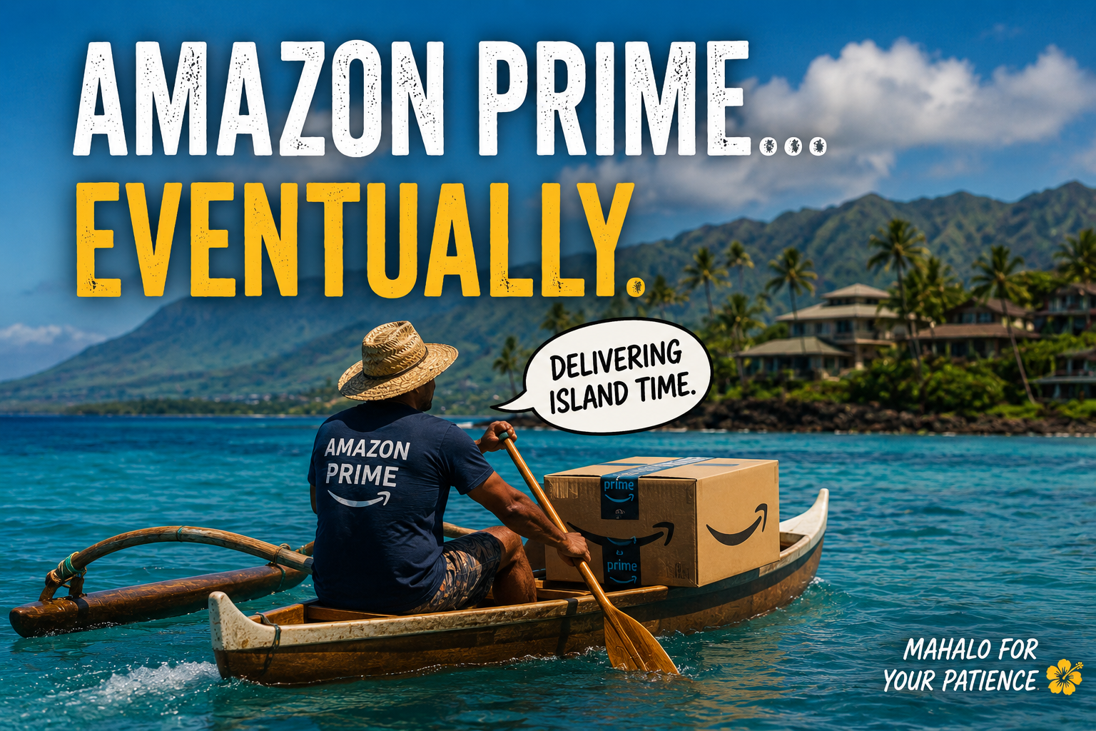Funny Maui Amazon Prime meme showing island delivery delays and the realities of shipping packages to Hawaii