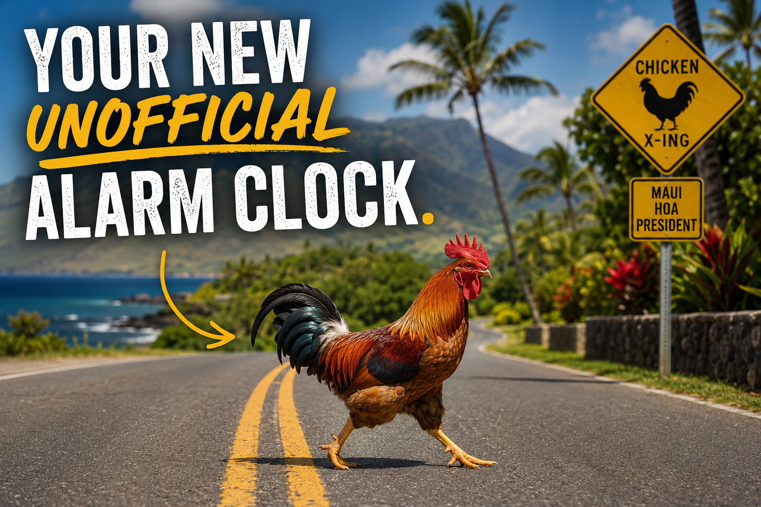 Funny Maui chicken crossing the road meme showing the unofficial alarm clocks of island life and the realities of living on Maui