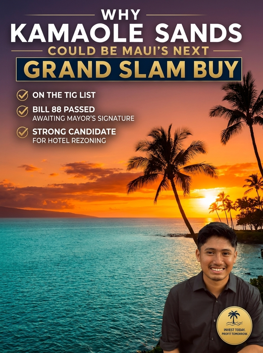 Sunset over the Pacific Ocean in South Kihei with palm trees and promotional graphic highlighting Kamaole Sands as a Maui condo investment opportunity, referencing the TIG list and Bill 88.