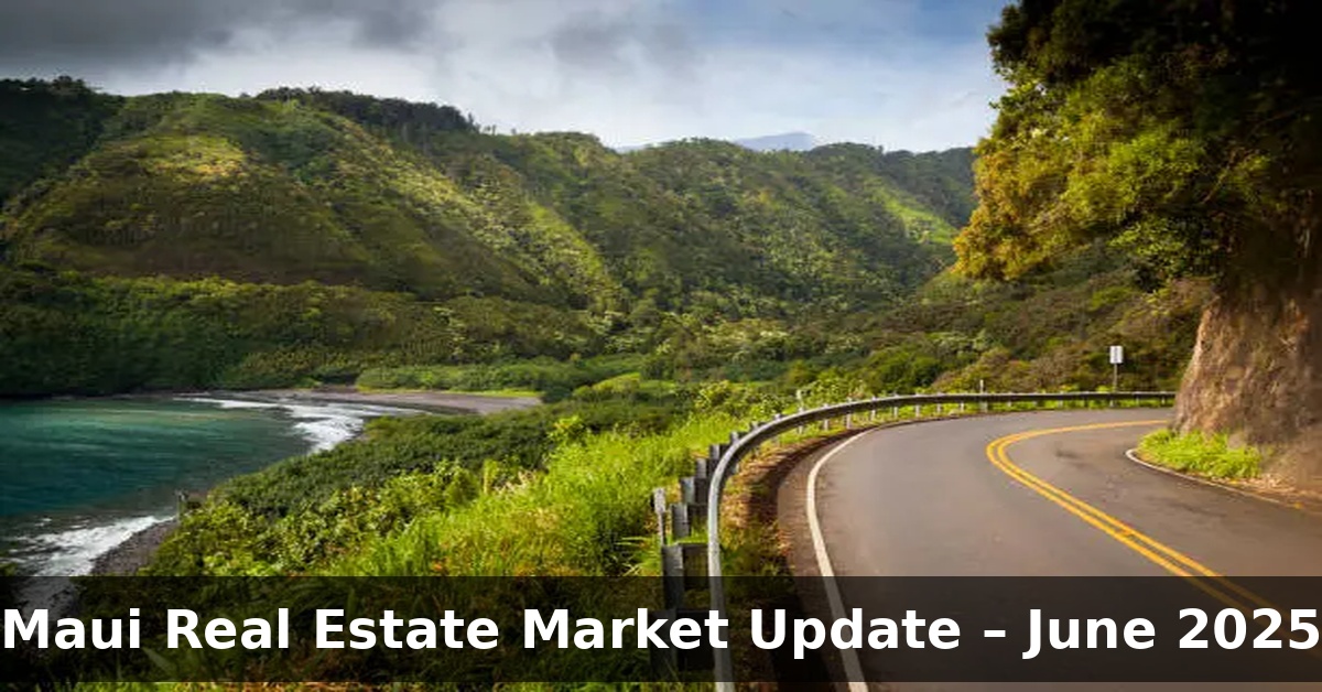 A scenic view of the Hana coastline on Maui with lush green cliffs, ocean waves, and a winding road, used as a header image for the June 2025 Maui real estate market update.