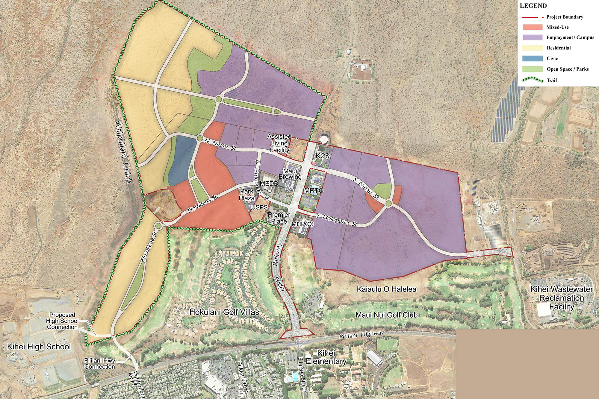Aerial master plan map of the Līpoa development in Kihei, Maui, showing proposed residential, mixed-use, employment, civic, and park areas between Kulanihākoʻi High School, Maui Nui Golf Club, and Maui Brewing Company near Piʻilani Highway.