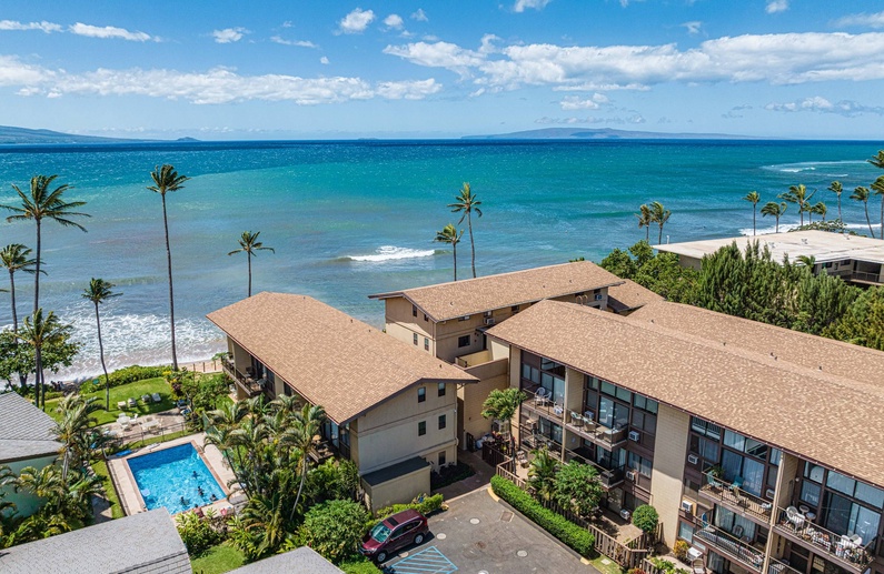 Aerial view of Hono Kai condos in Maalaea Maui with oceanfront location and pool