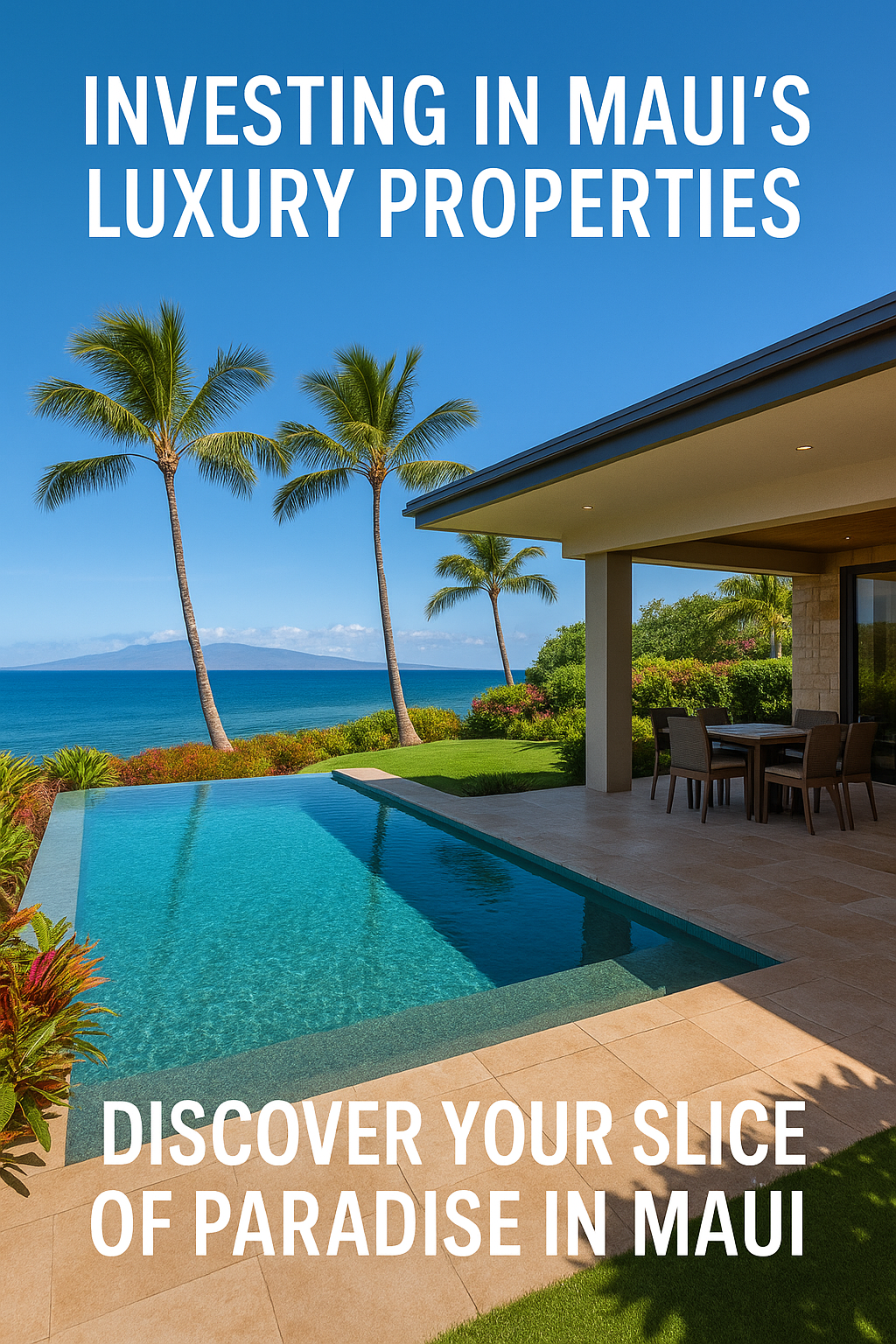 A luxurious Maui oceanfront home with an infinity pool, tropical landscaping, and covered outdoor dining area overlooking the ocean, with overlay text reading 