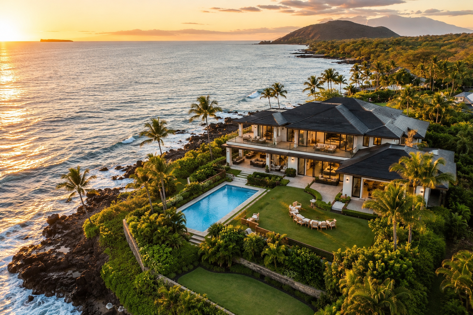 Luxury oceanfront Maui estate with a two-story home, pool, tropical landscaping, and panoramic coastline views at sunset.