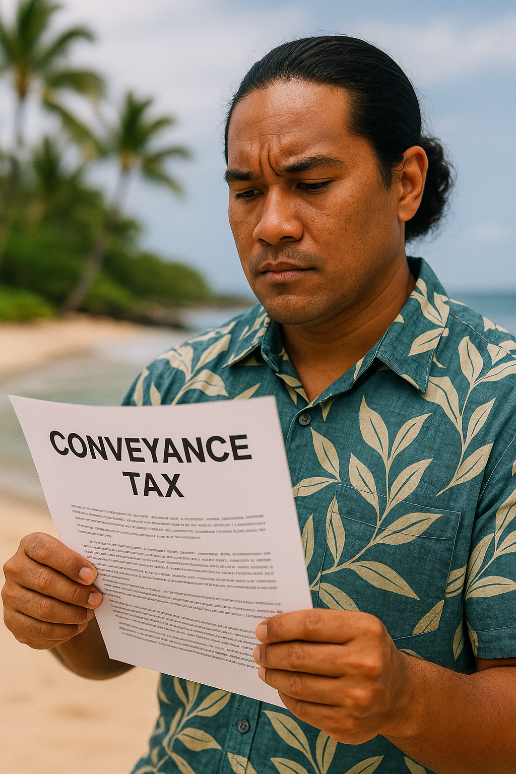 Hawaiian man in a tropical shirt reading a conveyance tax document on a beach in Maui