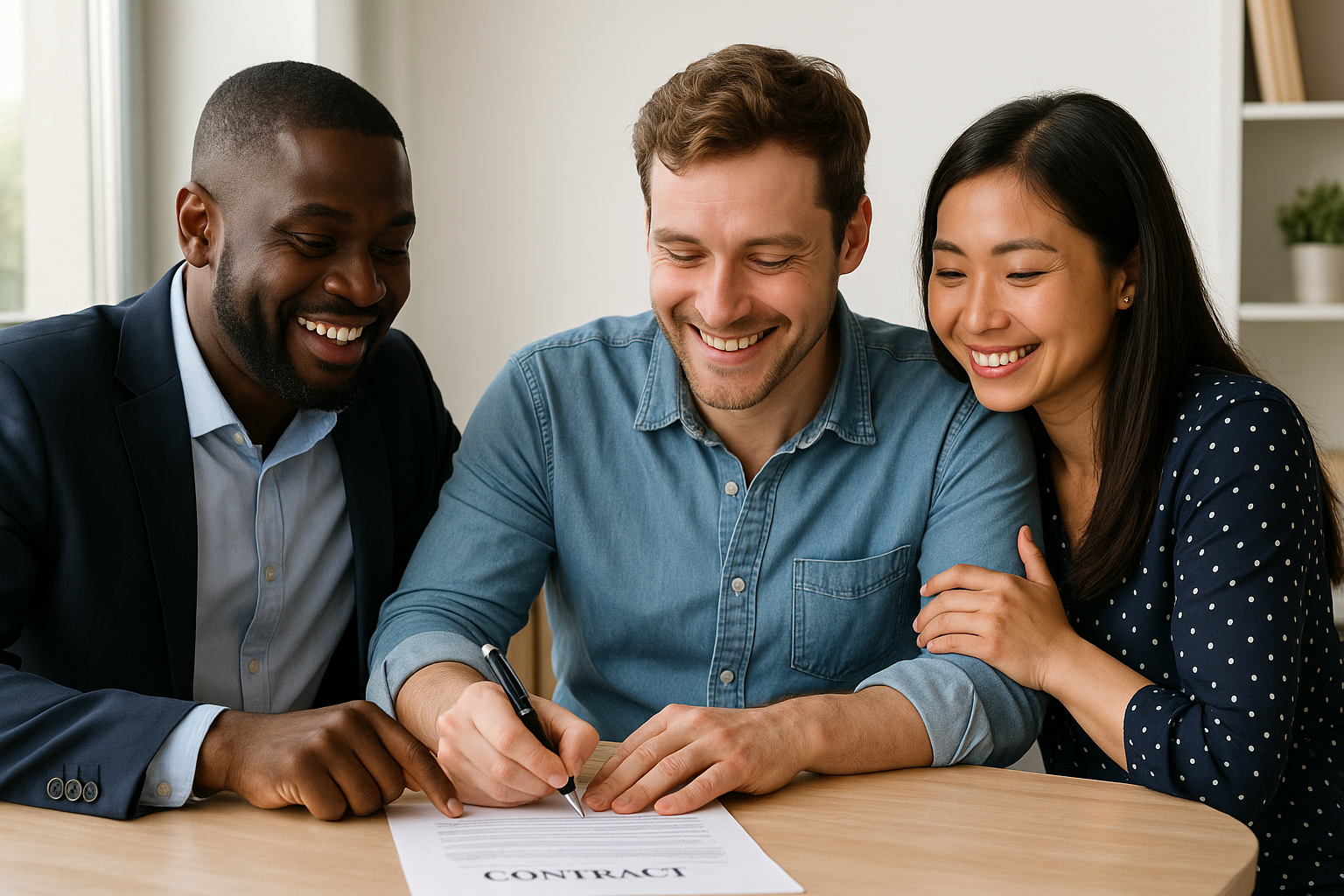 A Maui real estate agent reviewing a purchase contract with a smiling couple after their offer was accepted,