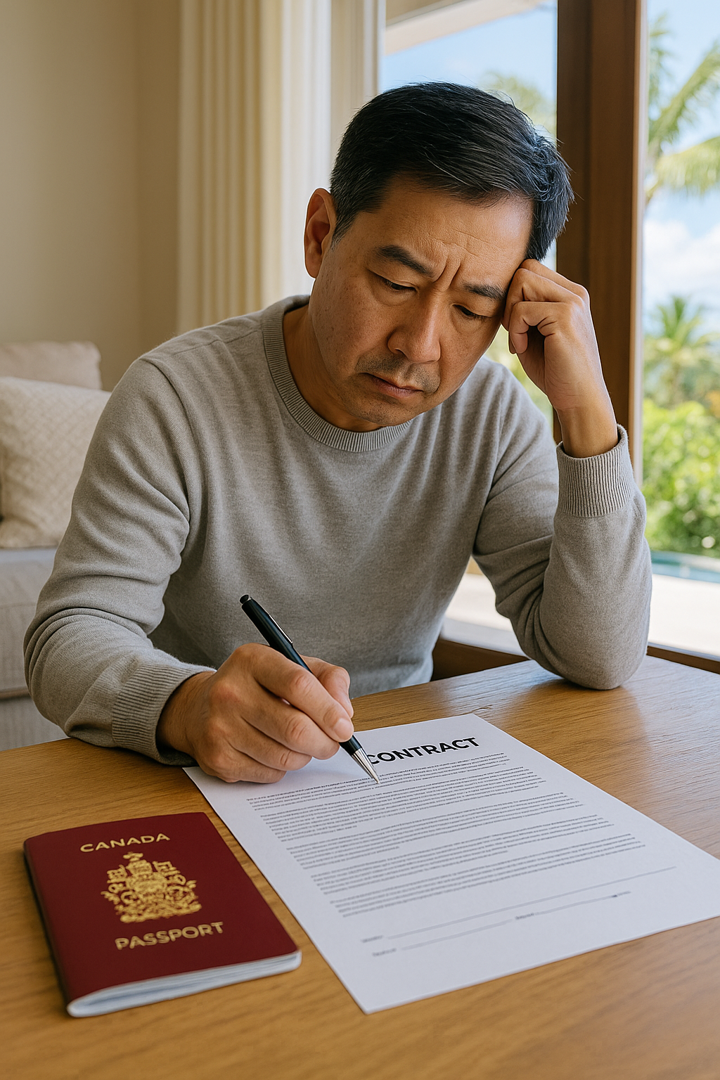 A Canadian buyer reviews a Maui real estate purchase contract with a Canadian passport on the table.