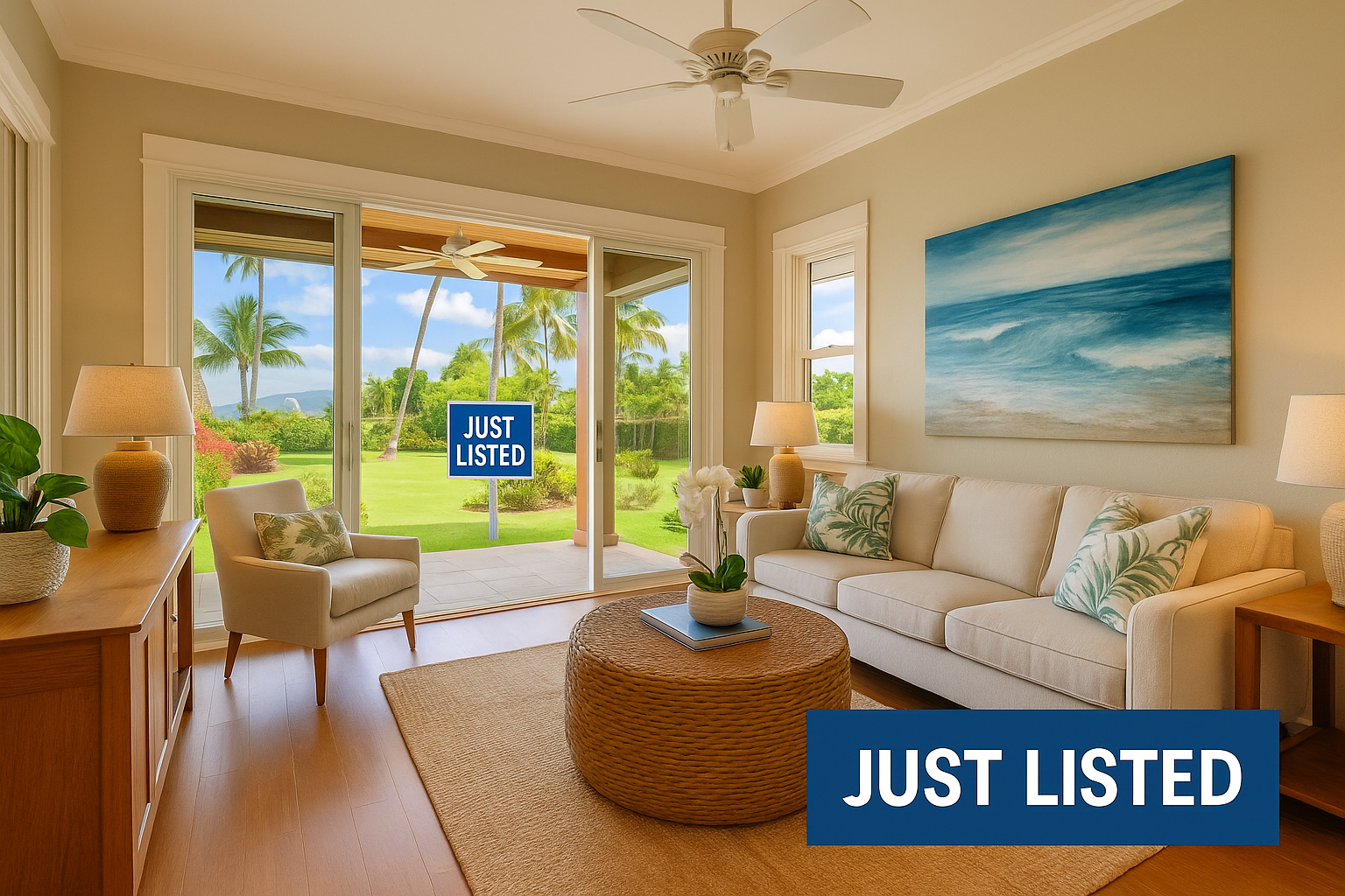 Beautifully staged Maui home interior with bright natural light, tropical accents, and inviting ‘Just Listed’ presentation.