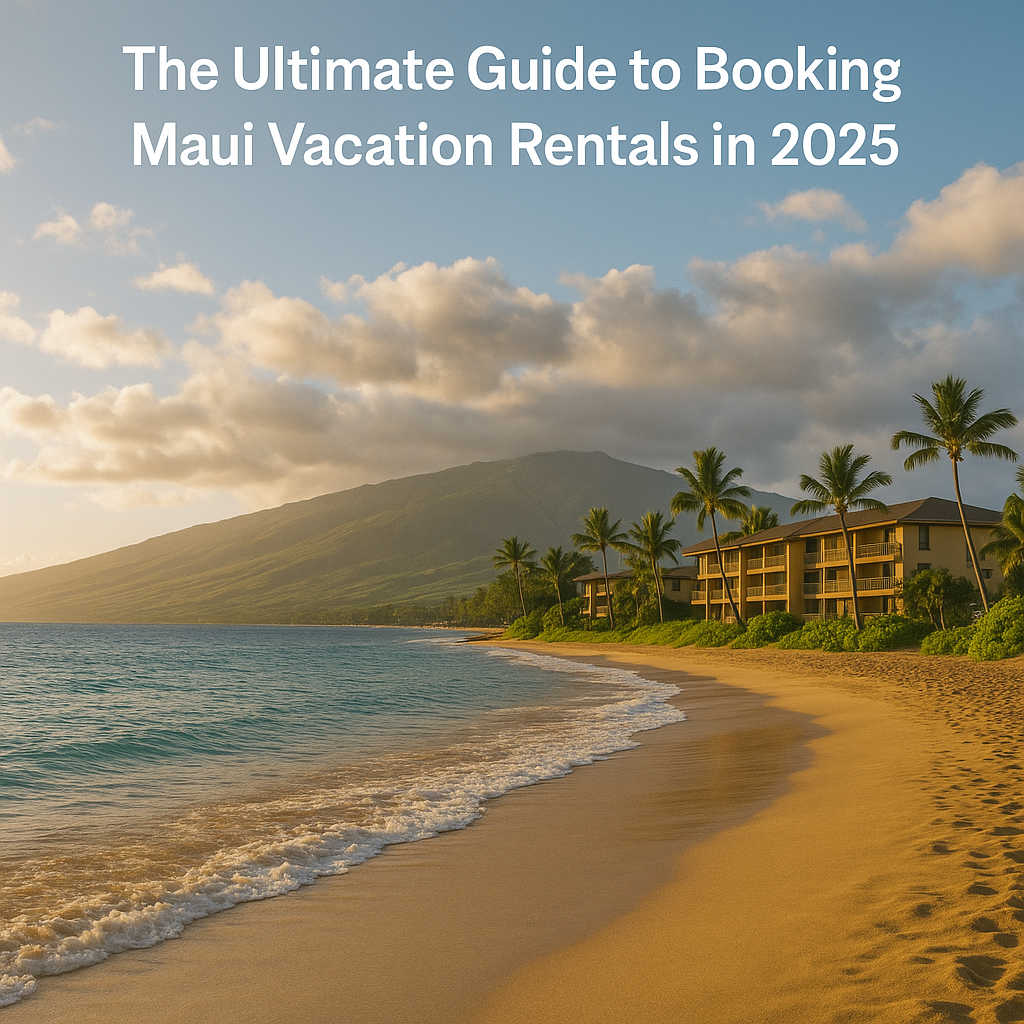 Realistic Maui vacation rental beachfront condos at sunset with palm trees, golden sand, turquoise waves, and the West Maui Mountains in the background.