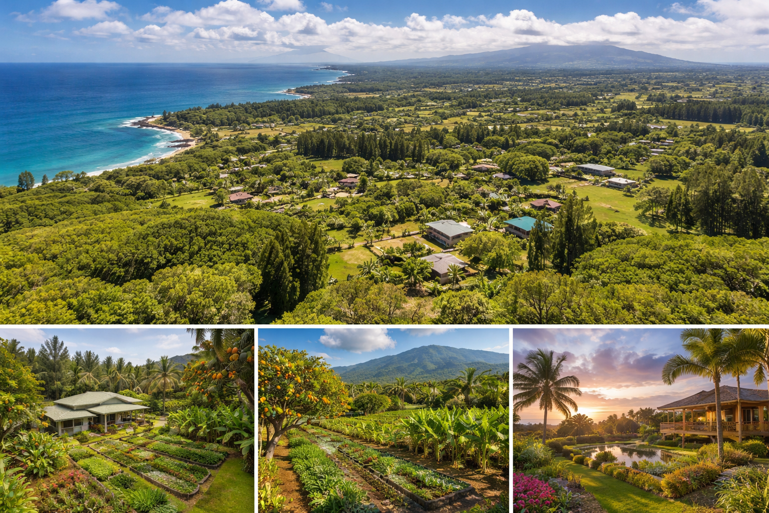 Aerial and ground views of Haiku, Maui featuring lush tropical farmland, ocean coastline, fruit orchards, garden beds, and a rural island home at sunset surrounded by greenery.