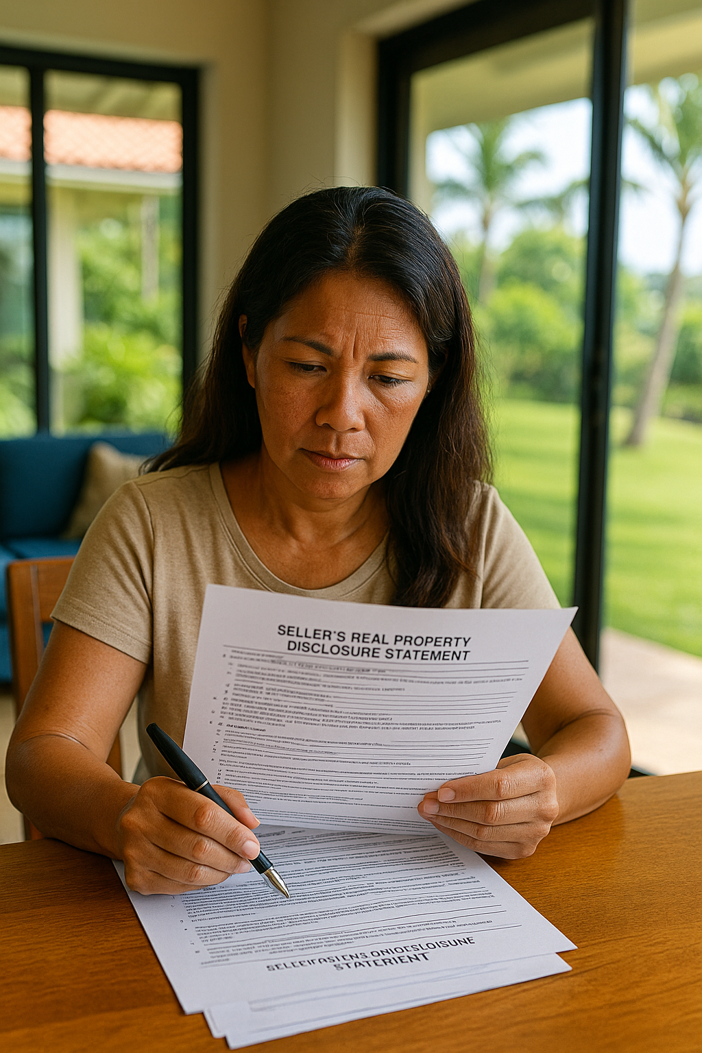 Homeowner reviewing real property disclosure form in Maui