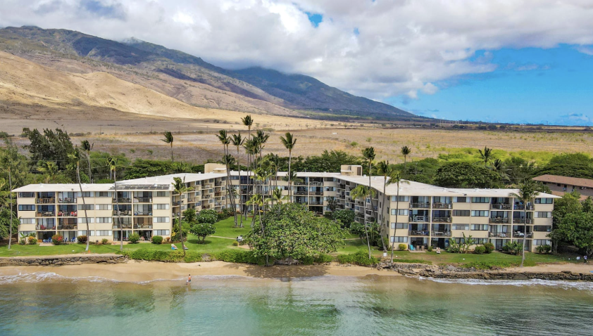 Kanai A Nalu beachfront condos in Maalaea Maui with ocean views and landscaped lawn area