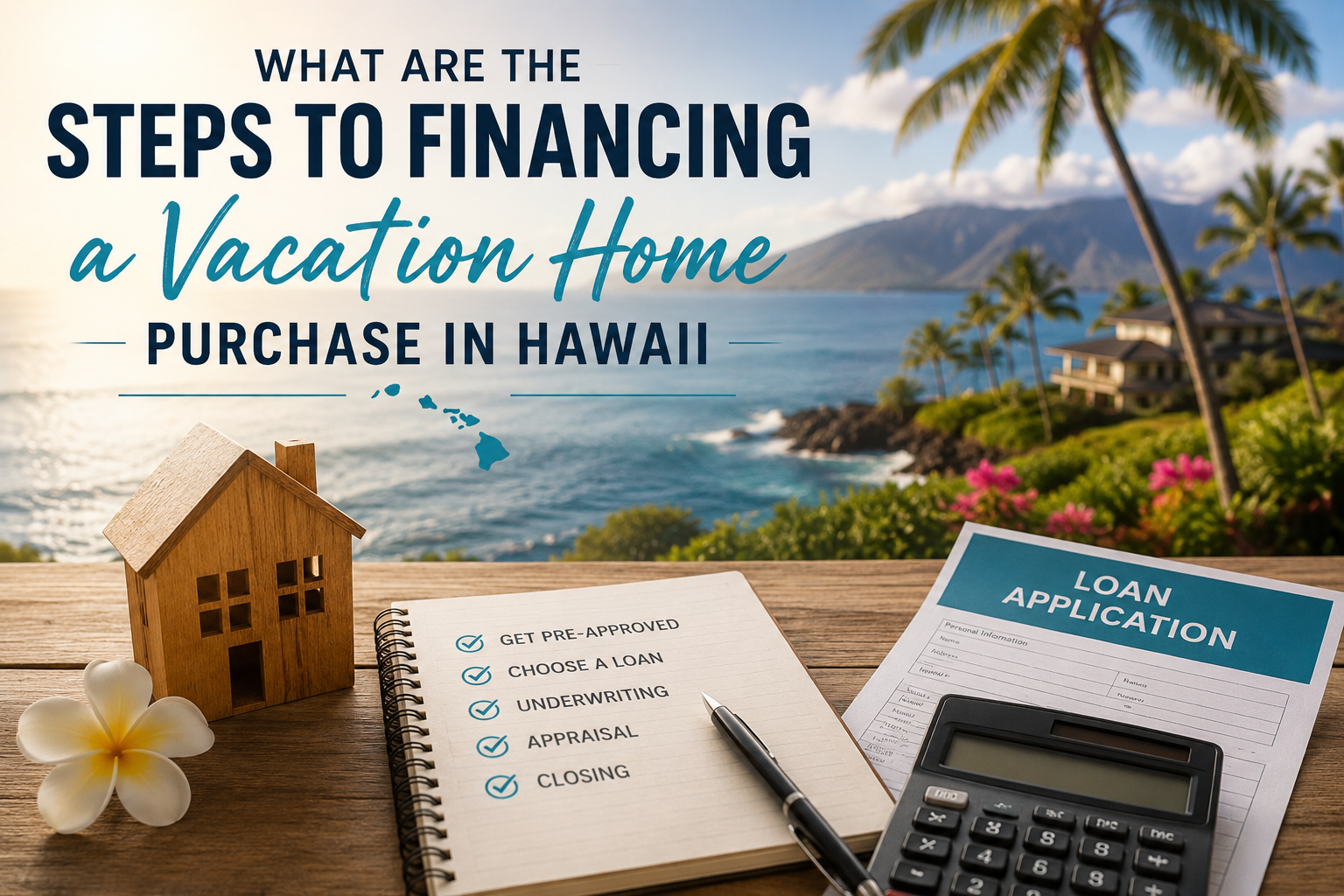 Hawaii vacation home financing checklist with loan application, calculator, model house, and oceanfront Maui view in the background.